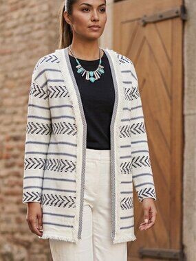 AS-NEW St. John "Darya" fringed knit striped cardigan